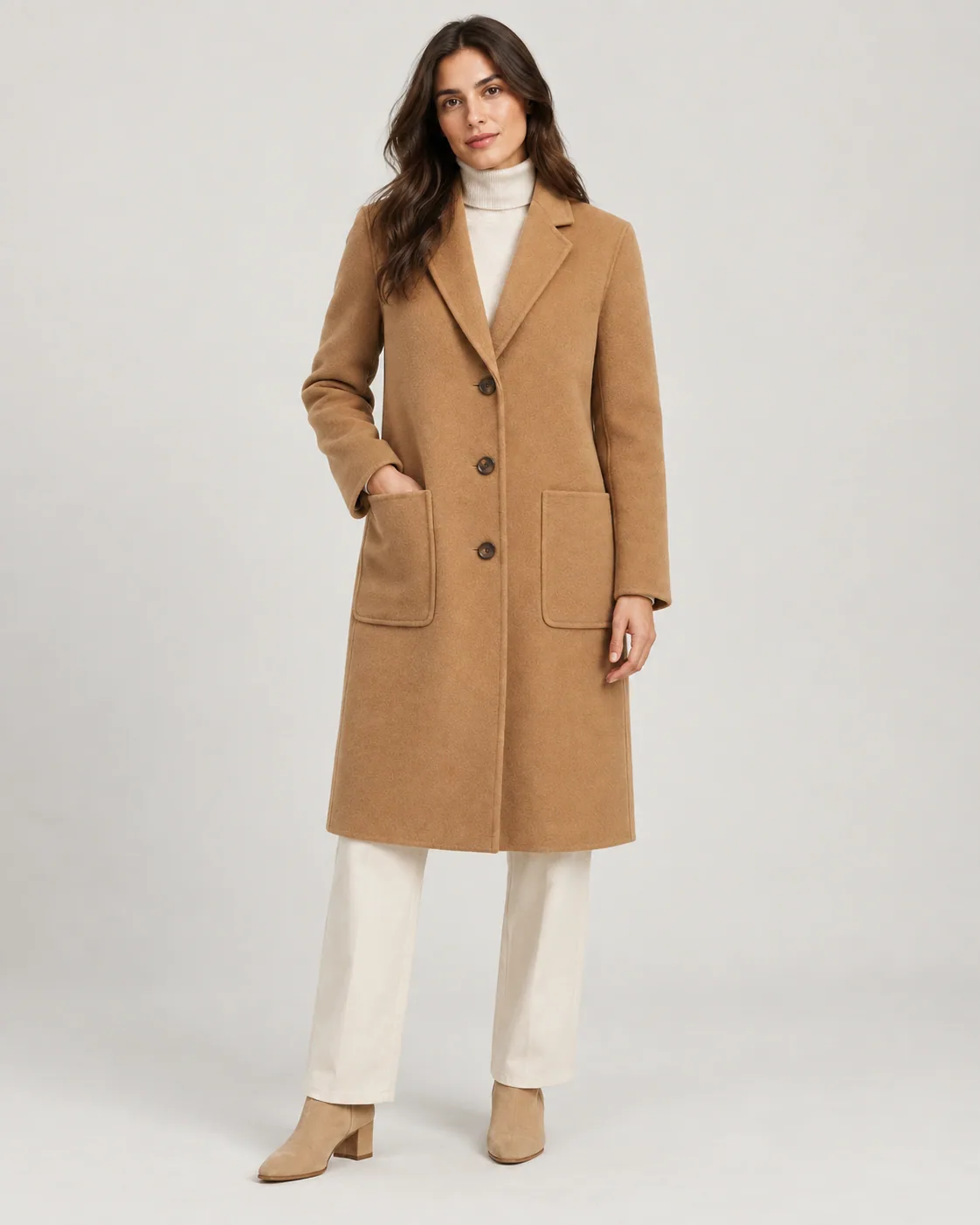 Double-Faced Wool Coat in Camel, worn