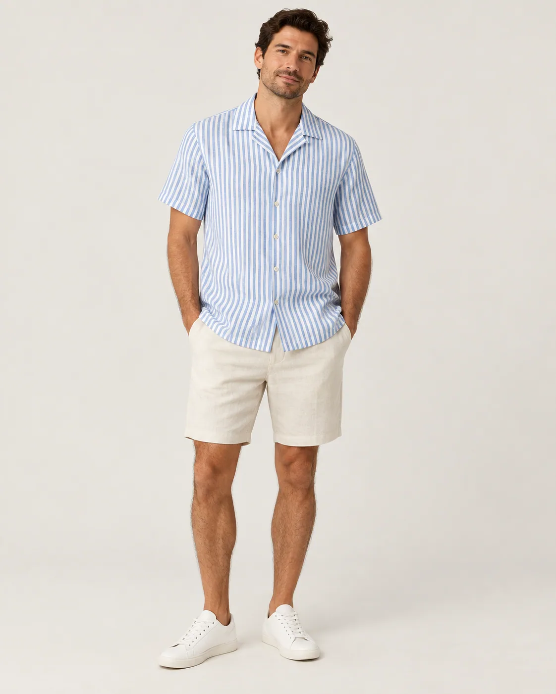 Striped Linen Shirt in Blue Stripe, worn