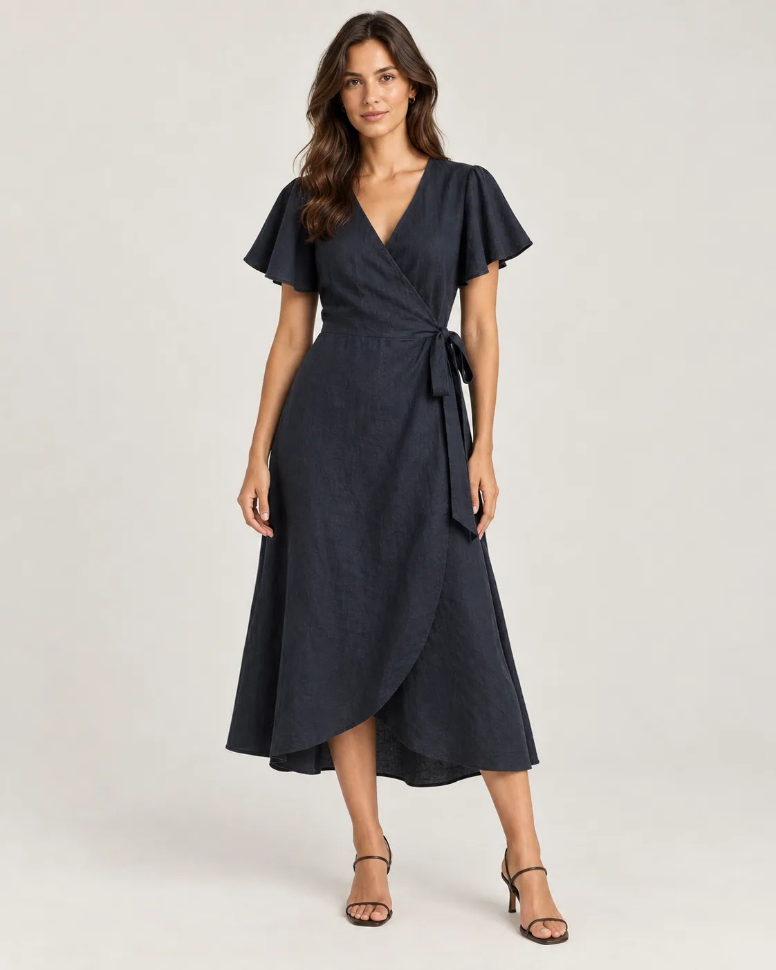 Linen Wrap Dress in Ink, worn